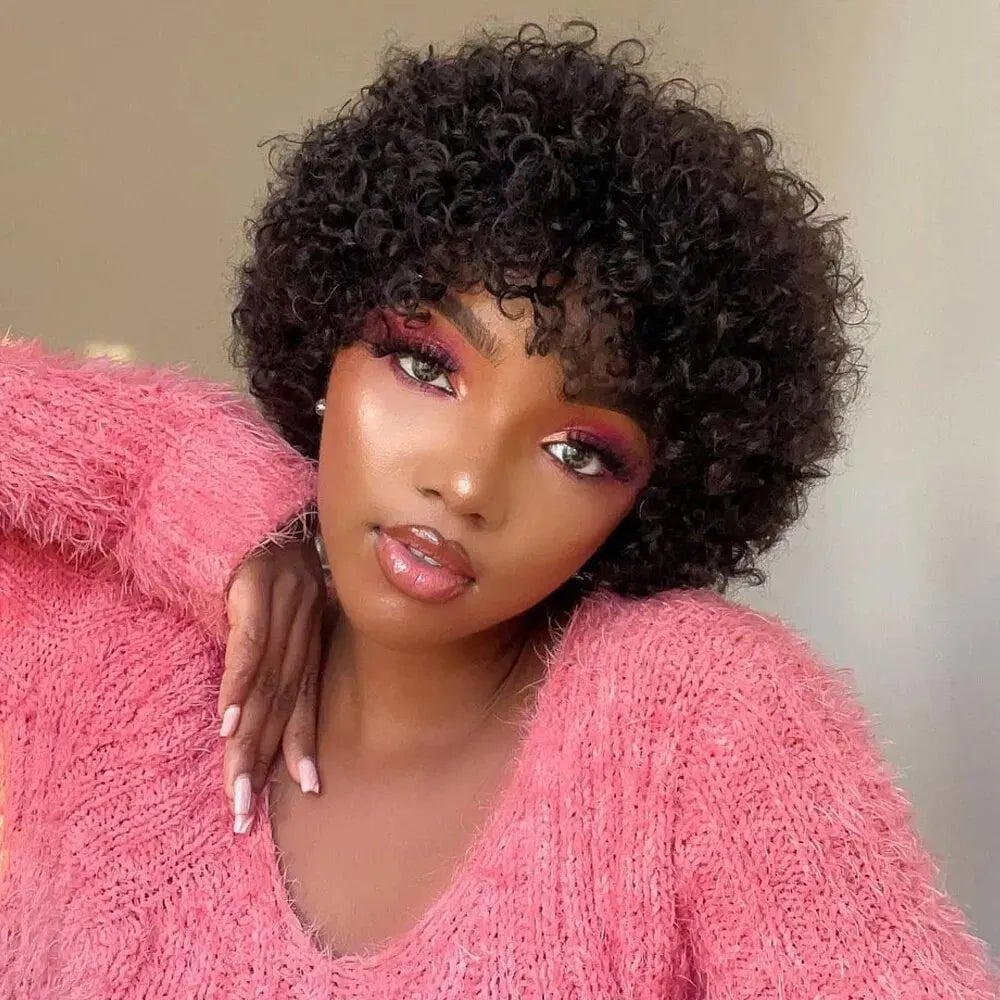 Storazone 8inches Pixie Short Afro Curly Bob Human Hair Wigs With Bangs For Women Brazilian Remy Hair Wear and Go Natural Brown Kinky Curly Wigs