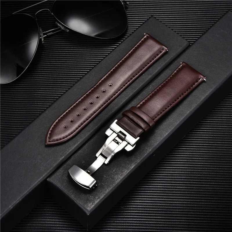 Storazone 9 / 18mm Smooth Genuine Calfskin Leather Watchband 18mm 20mm 22mm 24mm Straps with Solid Automatic Butterfly Buckle Business Watch Band