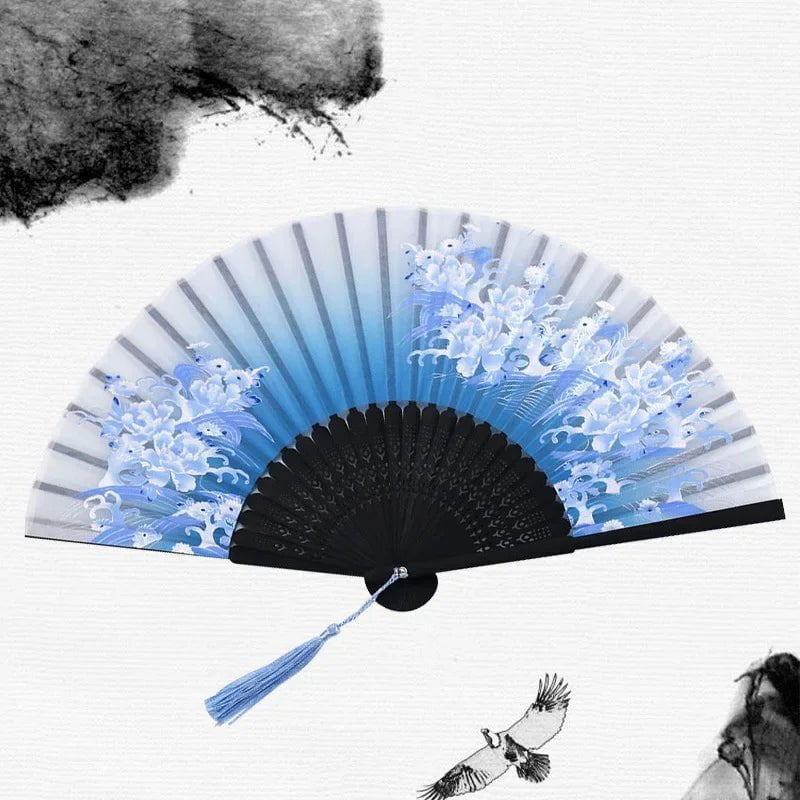 Storazone 9 Chinese Japanese Silk Folding Fan Wooden Shank Classical Dance Fan High Quality Tassel Elegent Female Fan Home Decoration