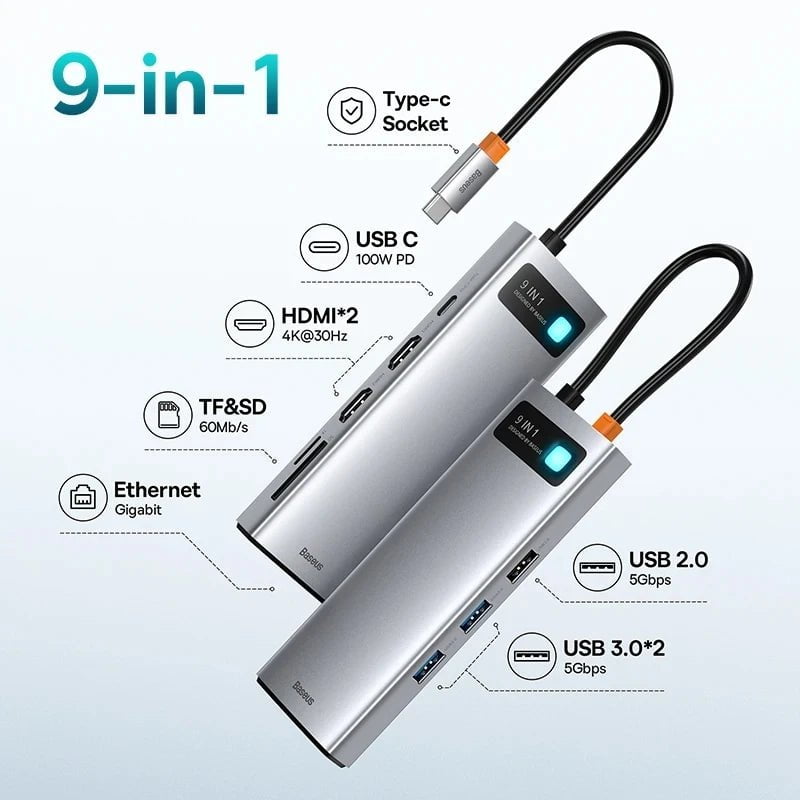 Storazone 9 in 1 Dual 30Hz / Russian Federation Baseus 10Gbps USB C Hub Type C to HDMI-compatible USB Adapter Ethernet Port Docking Station for MacBook  Air M1 M2 USB Splitter
