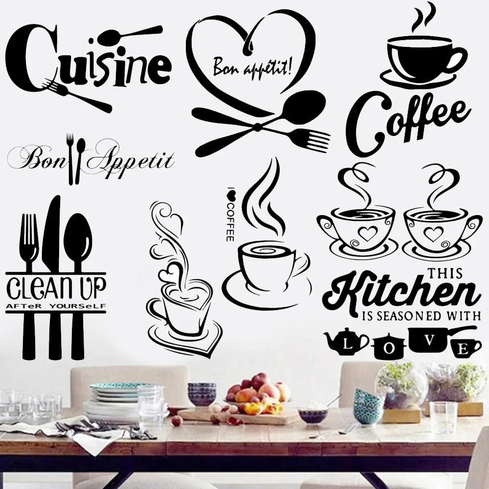 Storazone 9 styles Coffee Wall Stickers for Kitchen Decorative Stickers Vinyl Wall Decals DIY Stickers Home Decor Dining Room Shop Bar