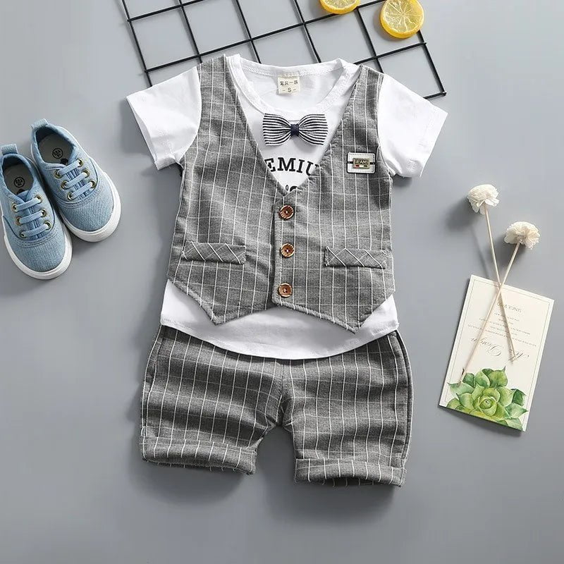 Storazone 9M / CWW 3kou S gray New Summer Newborn Baby Boys Clothes Children Gentleman Tie T-shirt Shorts 2Pcs/Set Toddler Cotton Girls Clothing Kids Tracksuit