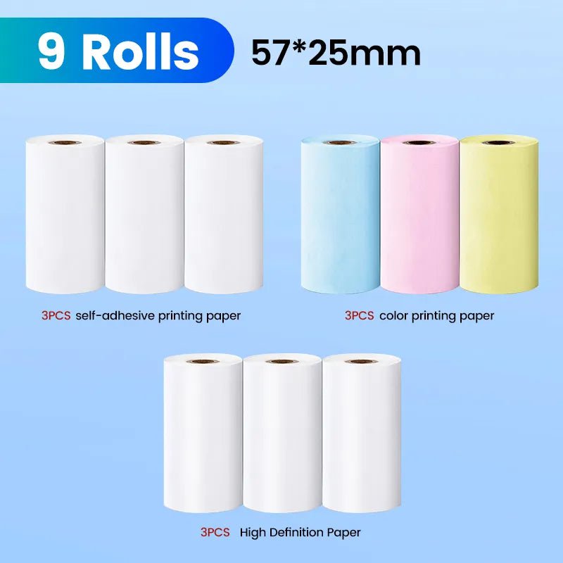 Storazone A-9Rolls Paper Mini Printer Paper Self-adhesive Thermal Papers HD Color Label Printers Wireless Bluetooth Photo Inkless Printing Universal 57mm