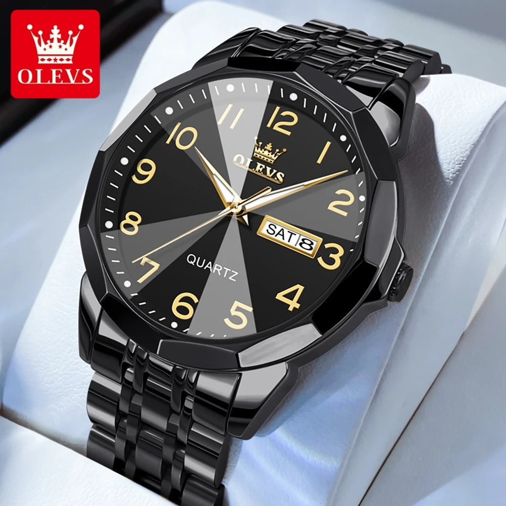 Storazone A-all black / CHINA OLEVS Men's Watches Rhombus Mirror Original Quartz Watch for Man Waterproof Luminous Stainless Steel Wristwatch Male Date Week