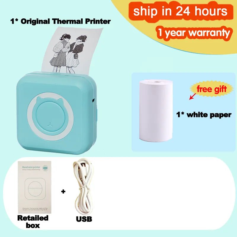 Storazone A-full blue Portable Mini Thermal Printer Wirelessly BT 203dpi Photo Label Memo Wrong Question Printing With USB Cable Imprimante Portable