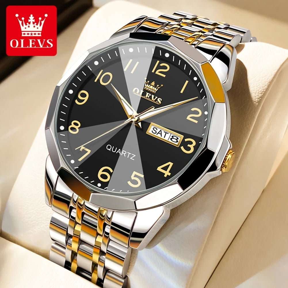 Storazone A-gold black / CHINA OLEVS Men's Watches Rhombus Mirror Original Quartz Watch for Man Waterproof Luminous Stainless Steel Wristwatch Male Date Week