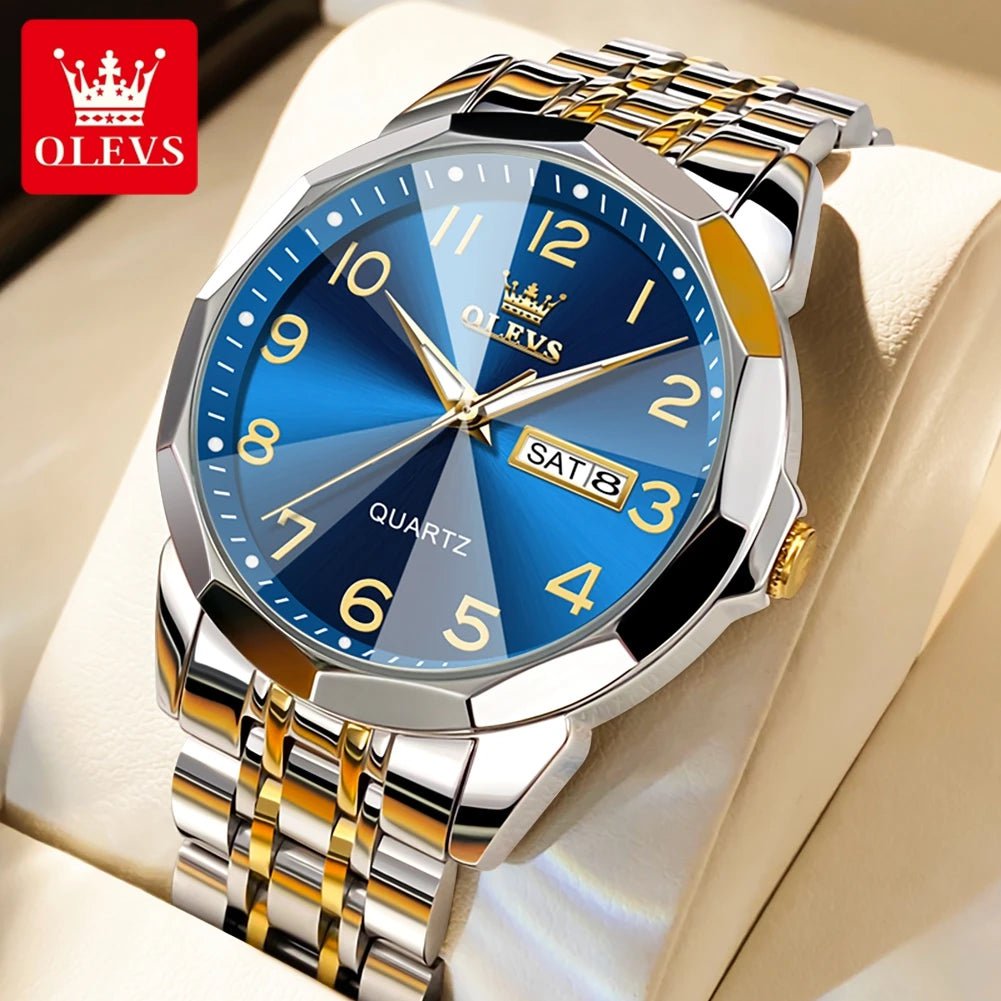 Storazone A-gold blue / CHINA OLEVS Men's Watches Rhombus Mirror Original Quartz Watch for Man Waterproof Luminous Stainless Steel Wristwatch Male Date Week