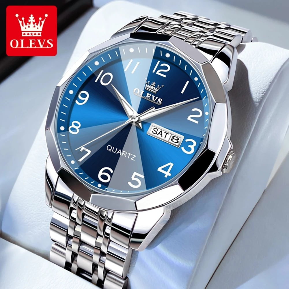 Storazone A-silver blue / CHINA OLEVS Men's Watches Rhombus Mirror Original Quartz Watch for Man Waterproof Luminous Stainless Steel Wristwatch Male Date Week