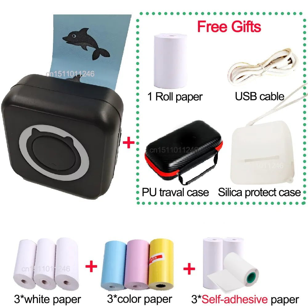 Storazone add 3 kinds paper 2 Pocket Thermal Printer Bluetooth 200dpi Photo Label Memo List No Ink Printing Wireless Portable Mini Printer with PU Travel Case