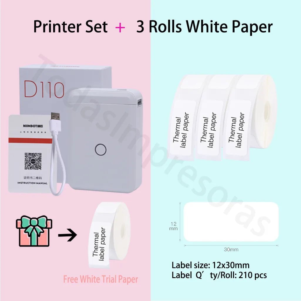 Storazone Add 3 Rolls 12x30 / CHINA Niimbot D110 Label Maker Machine Mini Pocket Thermal Label Printer All in One DIY Date Sticker Label Machine Various Label Paper