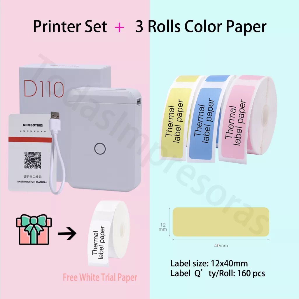 Storazone Add 3 Rolls color / CHINA Niimbot D110 Label Maker Machine Mini Pocket Thermal Label Printer All in One DIY Date Sticker Label Machine Various Label Paper