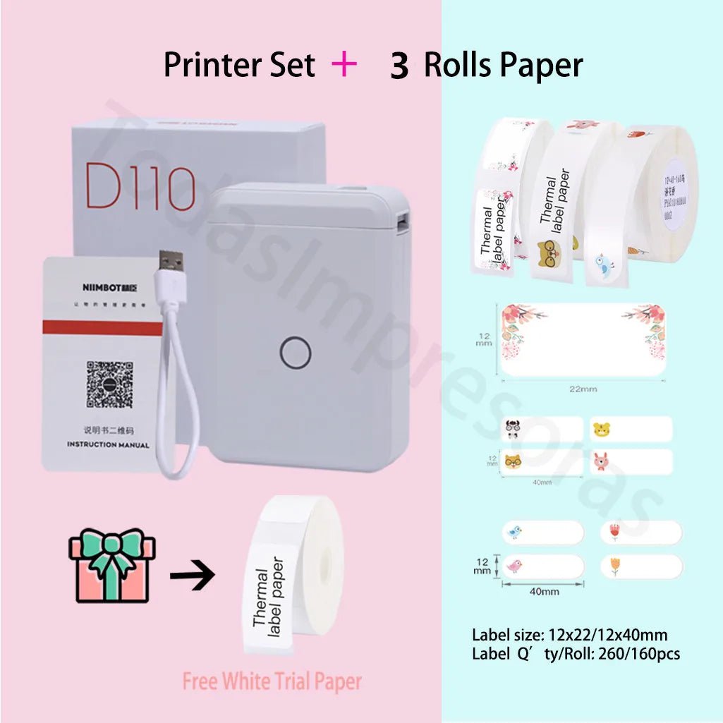 Storazone Add 3 rolls paper 10 / CHINA Niimbot D110 Label Maker Machine Mini Pocket Thermal Label Printer All in One DIY Date Sticker Label Machine Various Label Paper