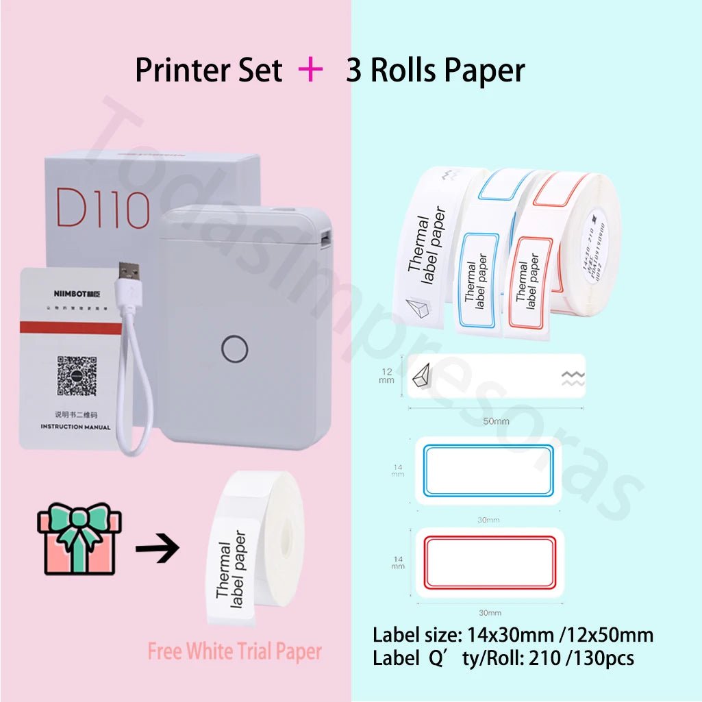 Storazone Add 3 rolls paper 11 / CHINA Niimbot D110 Label Maker Machine Mini Pocket Thermal Label Printer All in One DIY Date Sticker Label Machine Various Label Paper