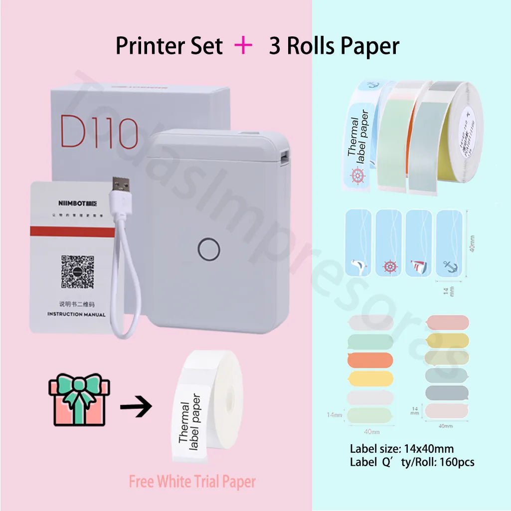 Storazone Add 3 rolls paper 16 / CHINA Niimbot D110 Label Maker Machine Mini Pocket Thermal Label Printer All in One DIY Date Sticker Label Machine Various Label Paper