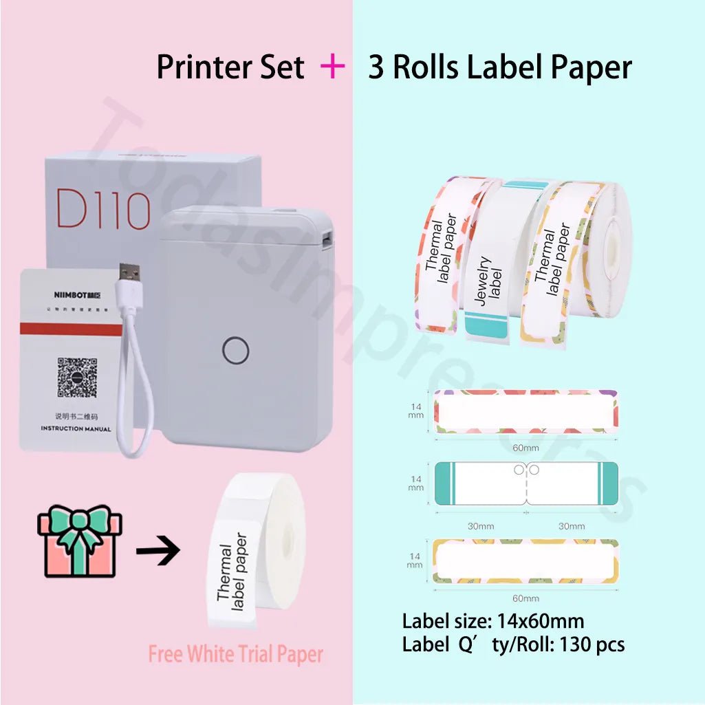 Storazone Add 3 rolls paper 2 / CHINA Niimbot D110 Label Maker Machine Mini Pocket Thermal Label Printer All in One DIY Date Sticker Label Machine Various Label Paper