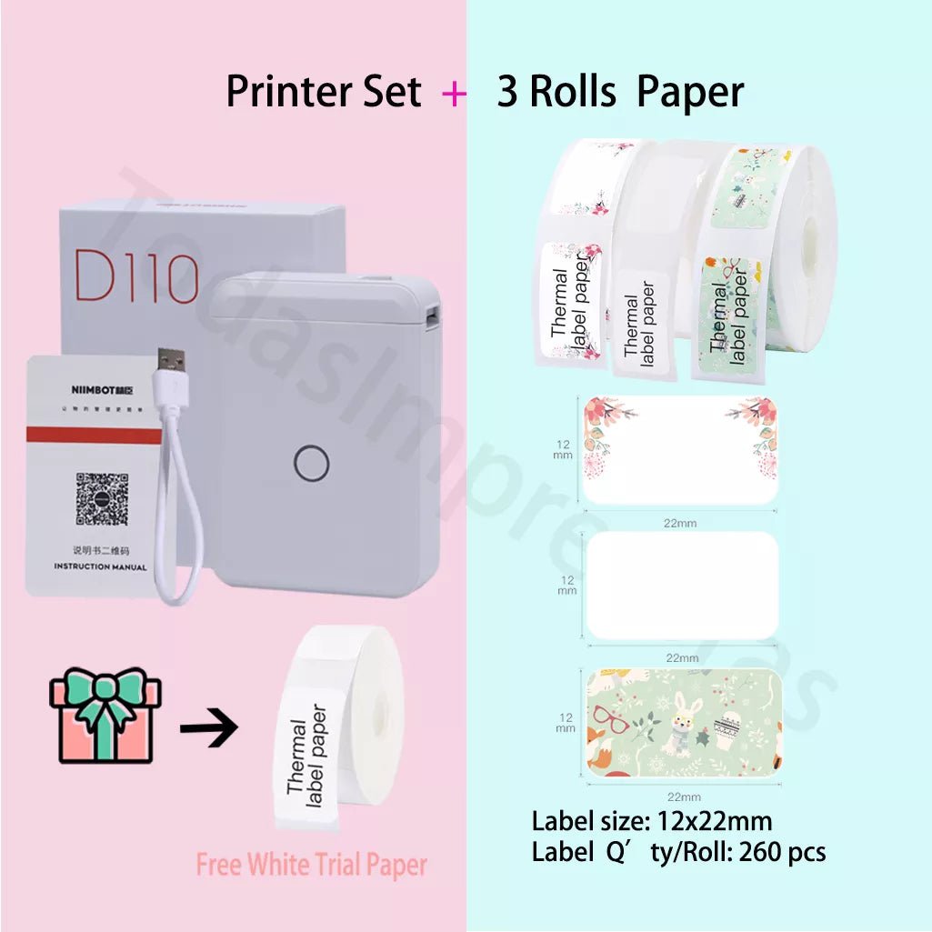 Storazone Add 3 rolls paper 20 / CHINA Niimbot D110 Label Maker Machine Mini Pocket Thermal Label Printer All in One DIY Date Sticker Label Machine Various Label Paper