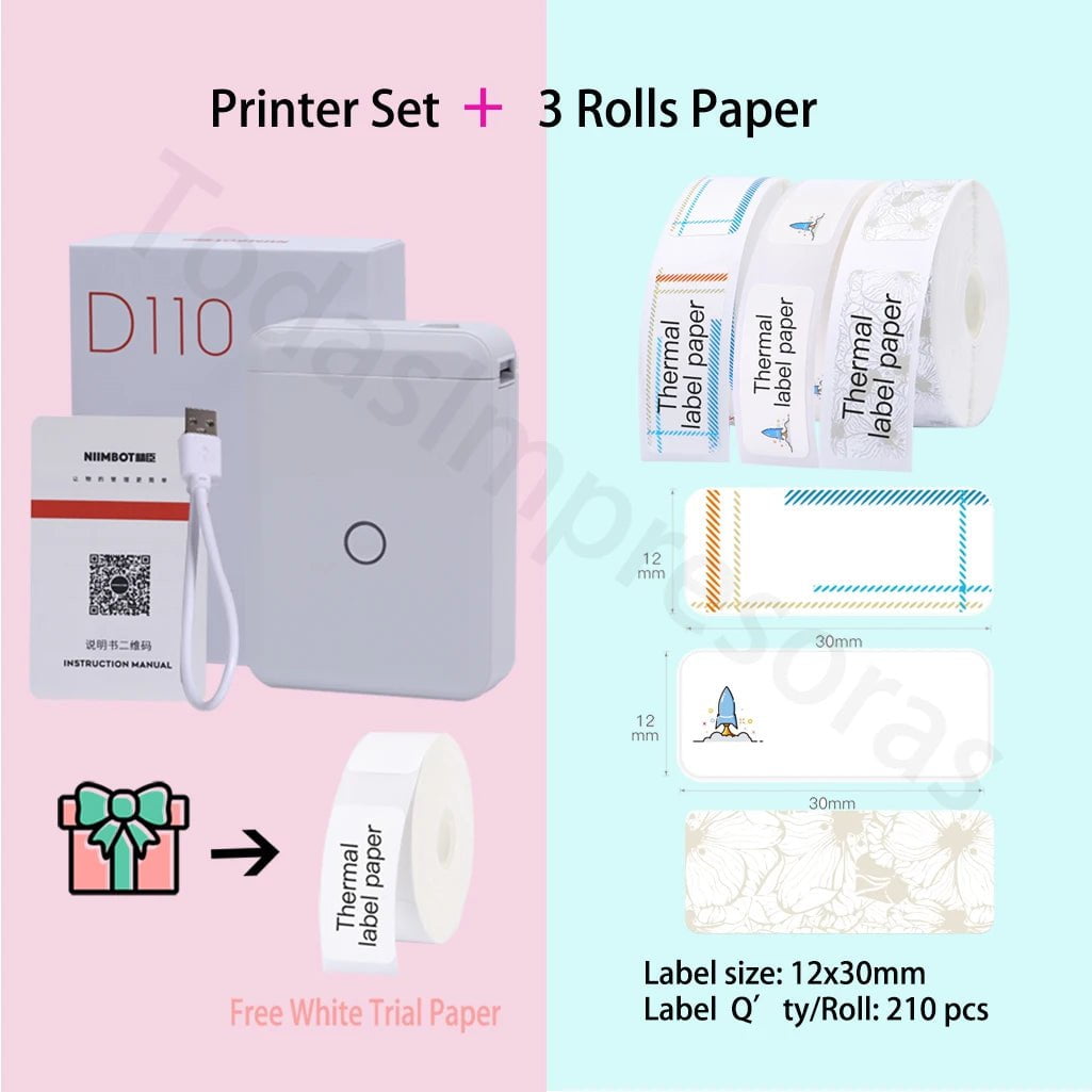 Storazone Add 3 rolls paper 3 / CHINA Niimbot D110 Label Maker Machine Mini Pocket Thermal Label Printer All in One DIY Date Sticker Label Machine Various Label Paper