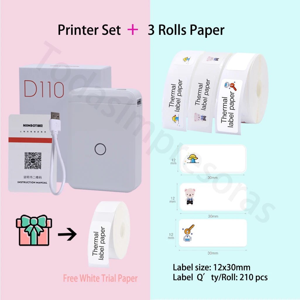 Storazone Add 3 rolls paper 5 / CHINA Niimbot D110 Label Maker Machine Mini Pocket Thermal Label Printer All in One DIY Date Sticker Label Machine Various Label Paper