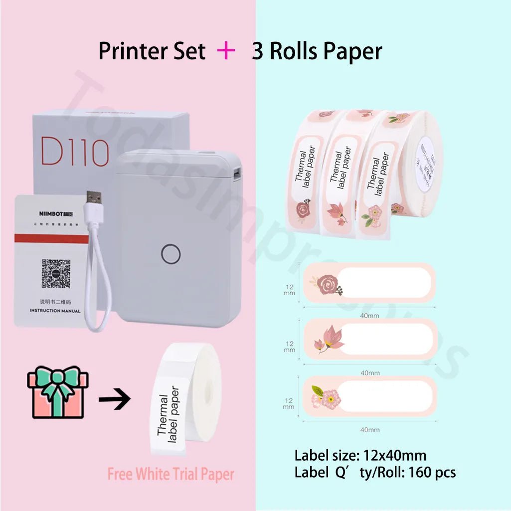 Storazone Add 3 rolls paper 7 / CHINA Niimbot D110 Label Maker Machine Mini Pocket Thermal Label Printer All in One DIY Date Sticker Label Machine Various Label Paper