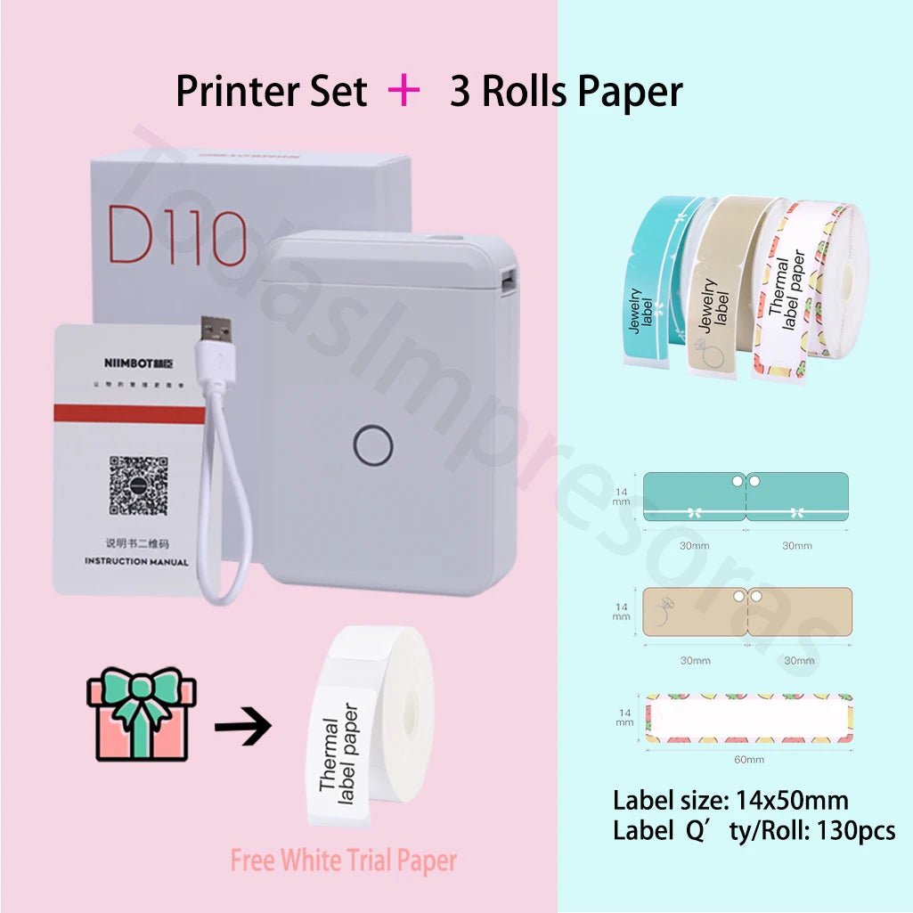 Storazone Add 3 rolls paper 8 / CHINA Niimbot D110 Label Maker Machine Mini Pocket Thermal Label Printer All in One DIY Date Sticker Label Machine Various Label Paper