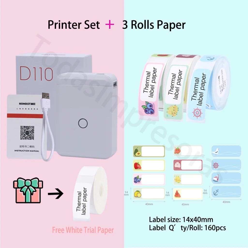 Storazone Add 3 rolls paper 9 / CHINA Niimbot D110 Label Maker Machine Mini Pocket Thermal Label Printer All in One DIY Date Sticker Label Machine Various Label Paper