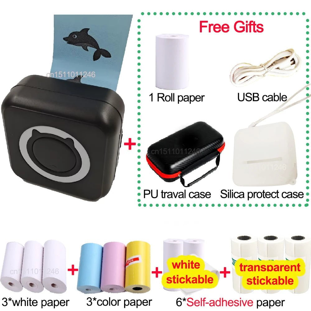 Storazone add 4 kinds paper 1 Pocket Thermal Printer Bluetooth 200dpi Photo Label Memo List No Ink Printing Wireless Portable Mini Printer with PU Travel Case