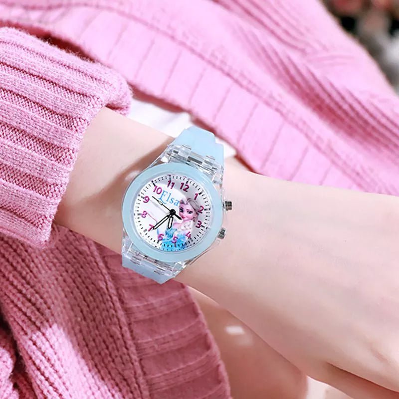 Storazone Aisha Blue Disney Girls Kids Watches Children Watch Frozen Princess Aisha Sophia Luminous Student Colorful LED Light Women Lady Clock