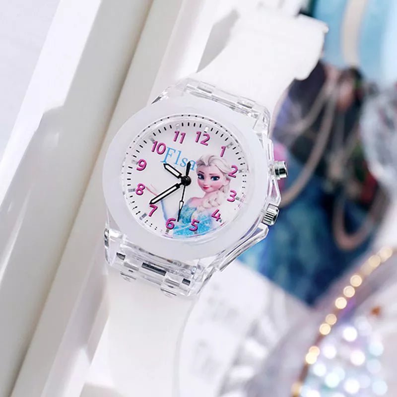 Storazone Aisha White Disney Girls Kids Watches Children Watch Frozen Princess Aisha Sophia Luminous Student Colorful LED Light Women Lady Clock