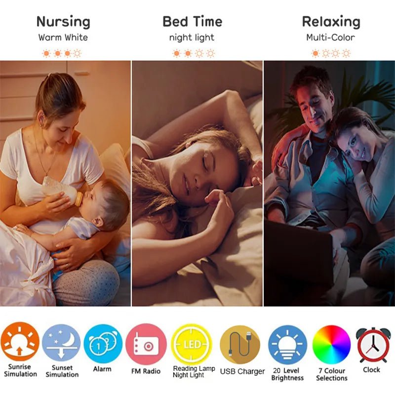 Storazone Alarm Clock Wake Up Light Alarm Clock with Sunrise/Sunset Simulation Dual Alarms FM Radio Nightlight 7 Colors Natural Sounds Snooze