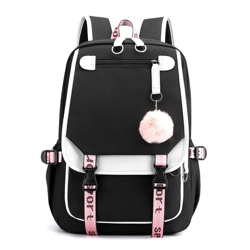Storazone All Black Fengdong large school bags for teenage girls USB port canvas schoolbag student book bag fashion black pink teen school backpack