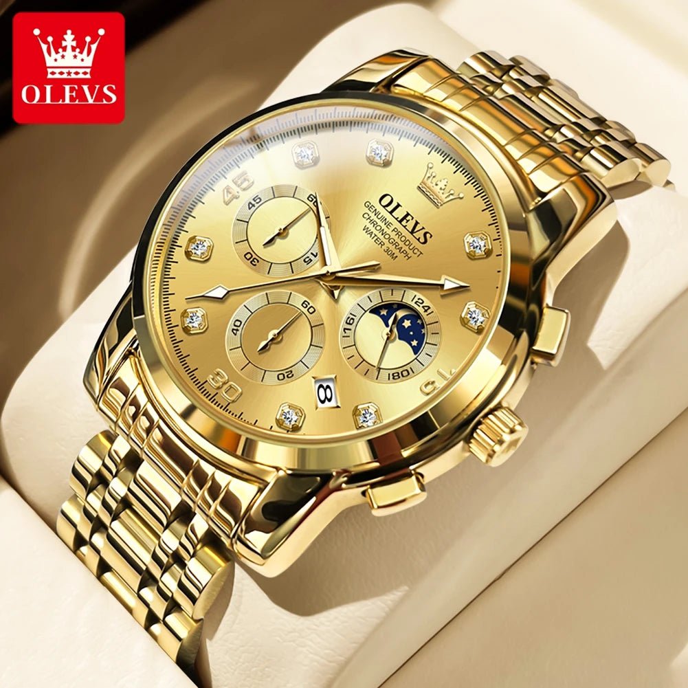 Storazone All Gold OLEVS Luxury Watch for Men Original High Quality Man Quartz Wristwatches Waterproof Moon Phase Design Men's Watches Reloj Hombre