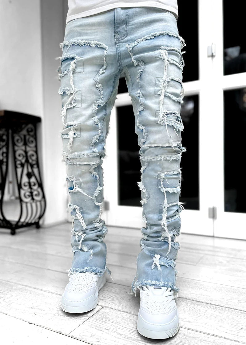 STORAZONE All Product Light Blue / L Men Trousers Individual Patched Pants Long Tight Fit Stacked Jeans For Mens Clothing