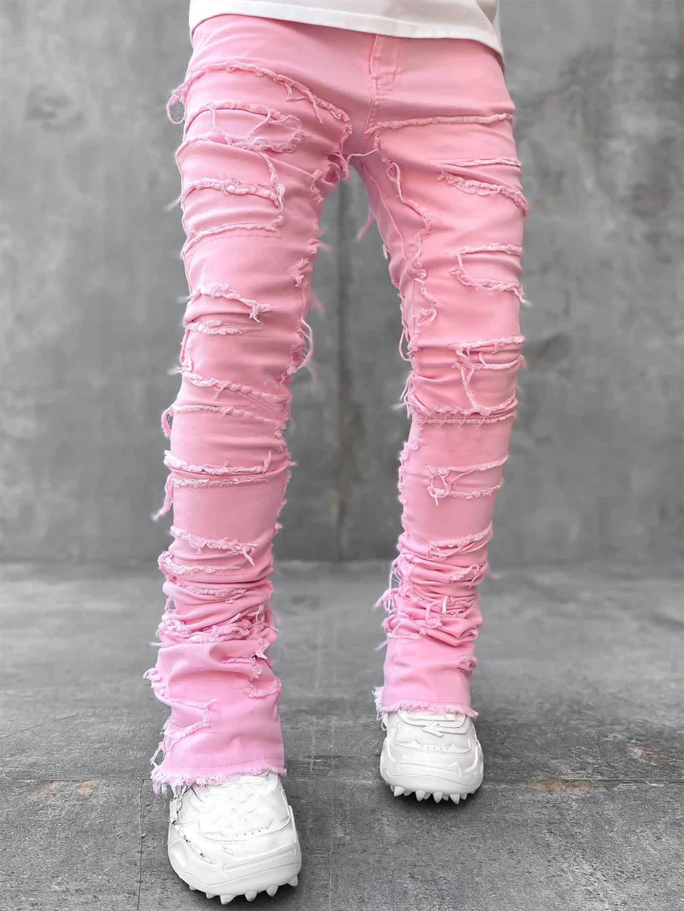 STORAZONE All Product Pink / L Men Trousers Individual Patched Pants Long Tight Fit Stacked Jeans For Mens Clothing