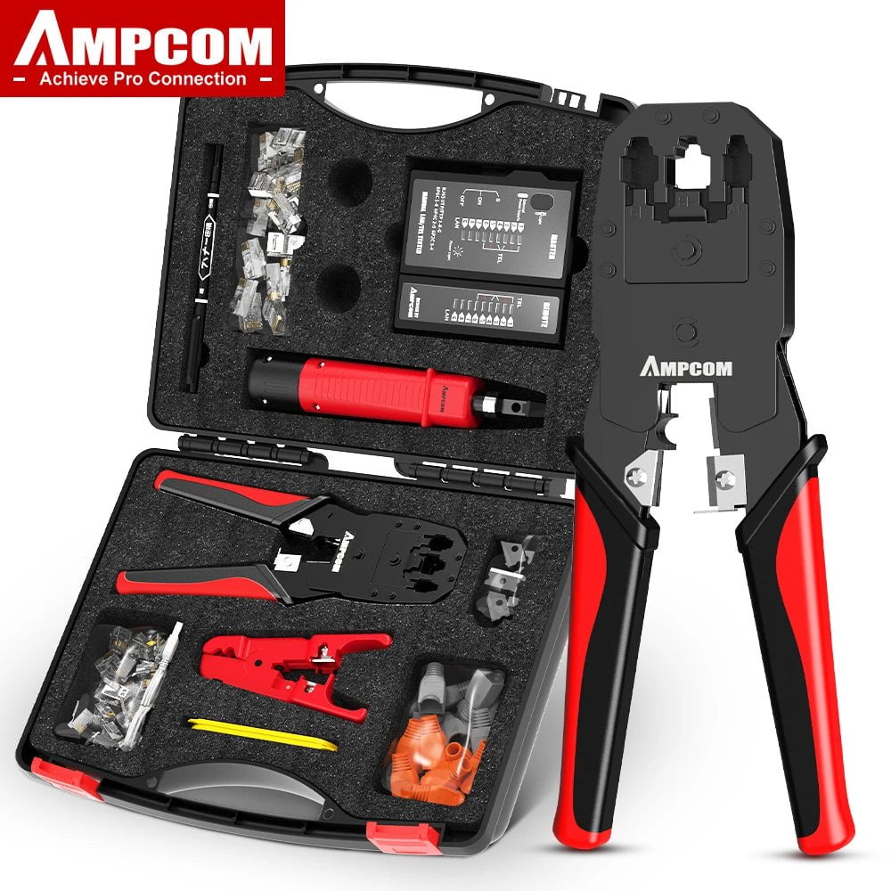 Storazone AM388 With BOX AMPCOM RJ45 Crimper Lan Tester Tool Set Ethernet Cable Stripper Punch Down Tool rj 45 rj11 Connectors 12 in 1 Cabling Repair Set