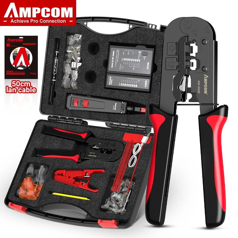 Storazone AM5688 With BOX AMPCOM RJ45 Crimper Lan Tester Tool Set Ethernet Cable Stripper Punch Down Tool rj 45 rj11 Connectors 12 in 1 Cabling Repair Set