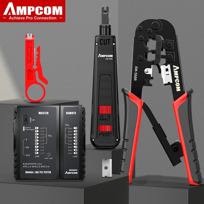 Storazone AM568R No BOX AMPCOM RJ45 Crimper Lan Tester Tool Set Ethernet Cable Stripper Punch Down Tool rj 45 rj11 Connectors 12 in 1 Cabling Repair Set