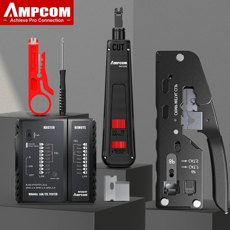 Storazone AM728 No BOX AMPCOM RJ45 Crimper Lan Tester Tool Set Ethernet Cable Stripper Punch Down Tool rj 45 rj11 Connectors 12 in 1 Cabling Repair Set