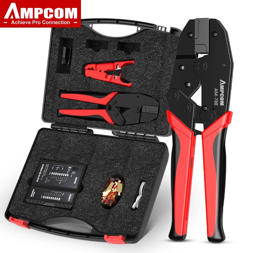 Storazone AM788 With BOX AMPCOM RJ45 Crimper Lan Tester Tool Set Ethernet Cable Stripper Punch Down Tool rj 45 rj11 Connectors 12 in 1 Cabling Repair Set