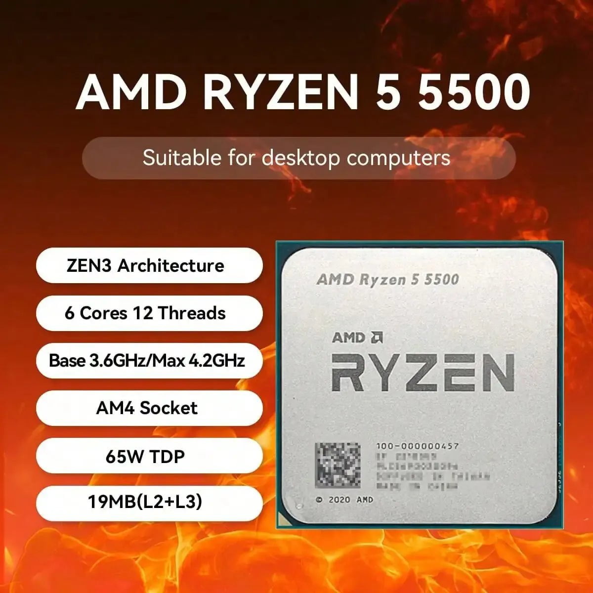 Storazone AMD Ryzen 5 5500 3.6GHz Base Clock 6-Core 12-Thread Desktop Processor CPU, AM4 Socket, No Integrated Graphics, No Heatsink Fan