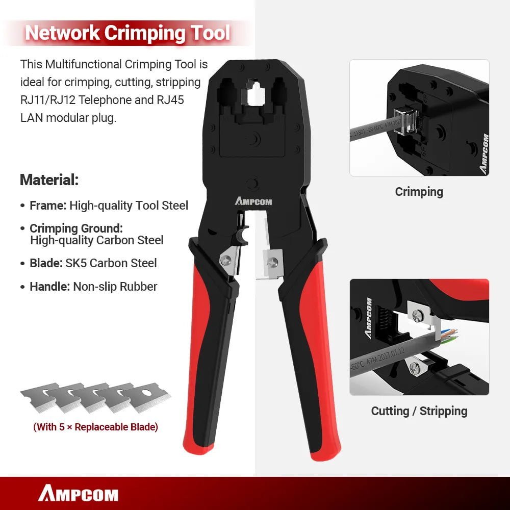 Storazone AMPCOM RJ45 Crimper Lan Tester Tool Set Ethernet Cable Stripper Punch Down Tool rj 45 rj11 Connectors 12 in 1 Cabling Repair Set