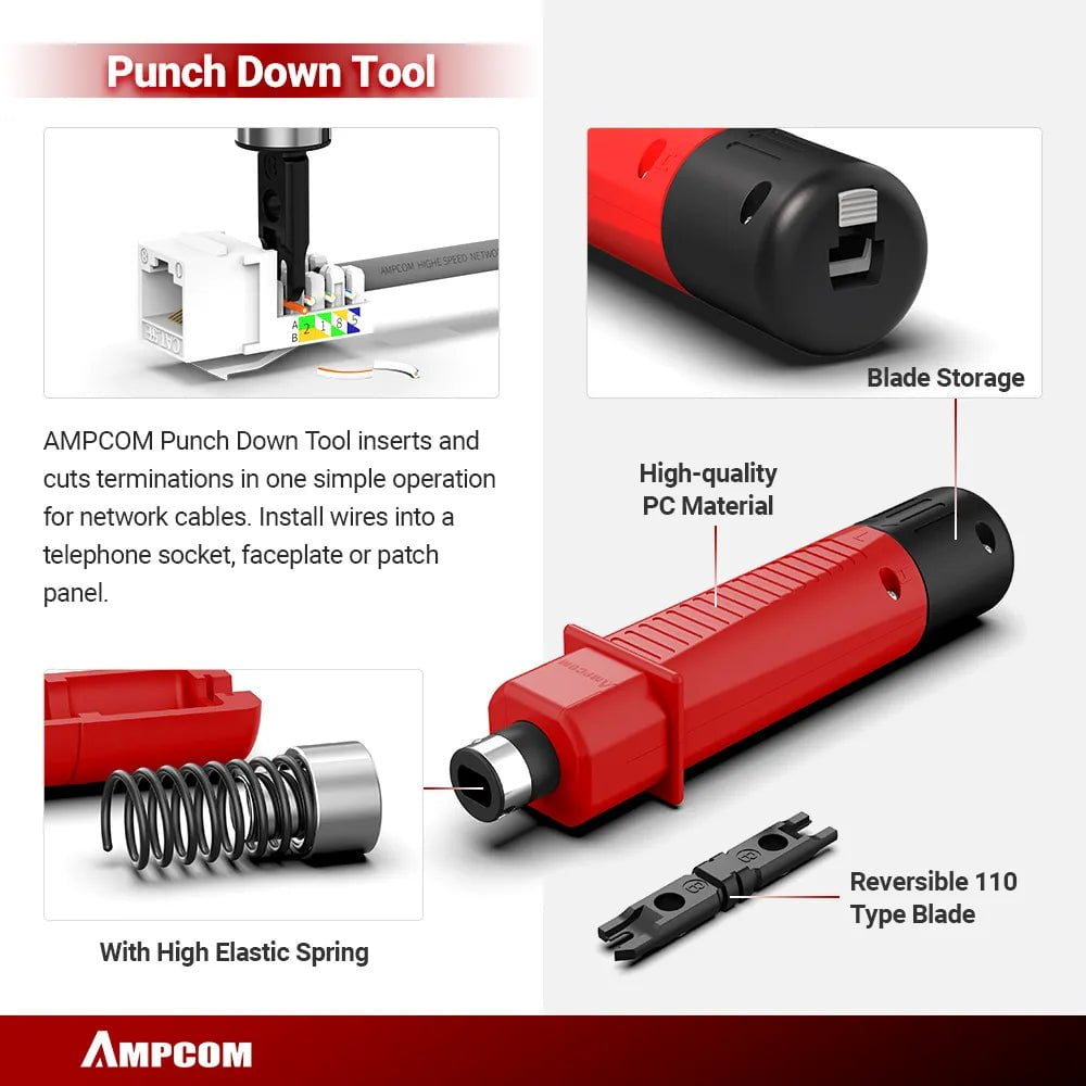 Storazone AMPCOM RJ45 Crimper Lan Tester Tool Set Ethernet Cable Stripper Punch Down Tool rj 45 rj11 Connectors 12 in 1 Cabling Repair Set