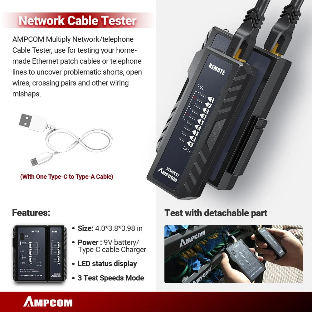 Storazone AMPCOM RJ45 Crimper Lan Tester Tool Set Ethernet Cable Stripper Punch Down Tool rj 45 rj11 Connectors 12 in 1 Cabling Repair Set