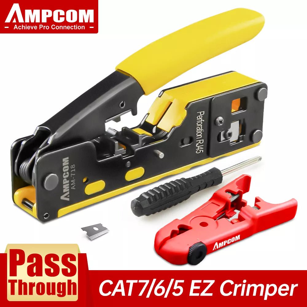 Storazone AMPCOM RJ45 RJ11 Pass Through Crimping Tool for Cat7/6A Cat6/5 Ethernet Modular Plugs Connectors With Stripper and Spare Blade