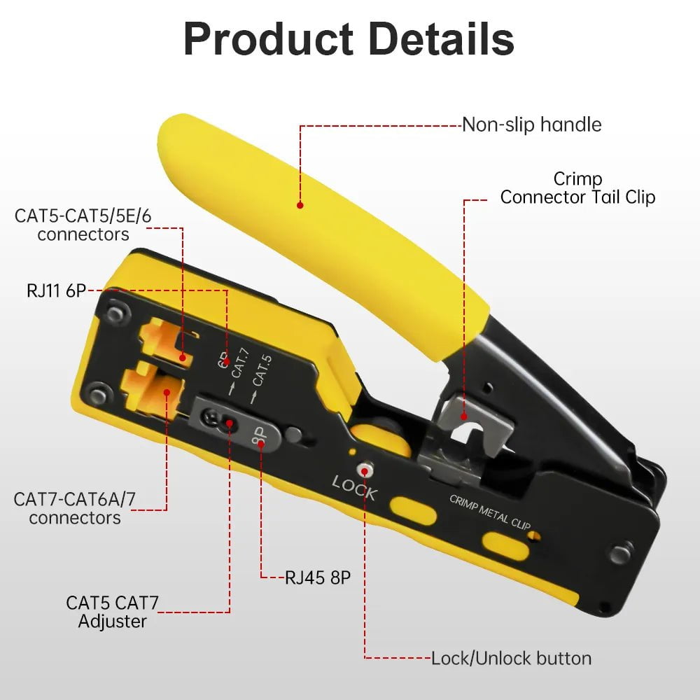 Storazone AMPCOM RJ45 RJ11 Pass Through Crimping Tool for Cat7/6A Cat6/5 Ethernet Modular Plugs Connectors With Stripper and Spare Blade