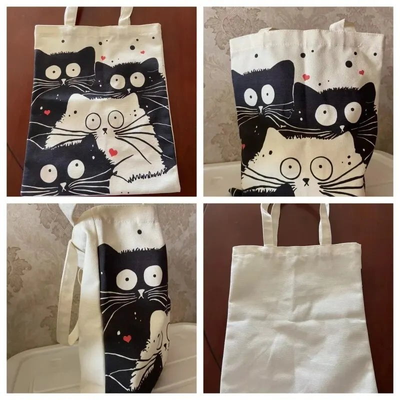 Storazone Andeiltech Canvas Tote Bag for Women Aesthetic Cute Cat Shopping Grocery Reusable School with Inner Zipper Girl Gift