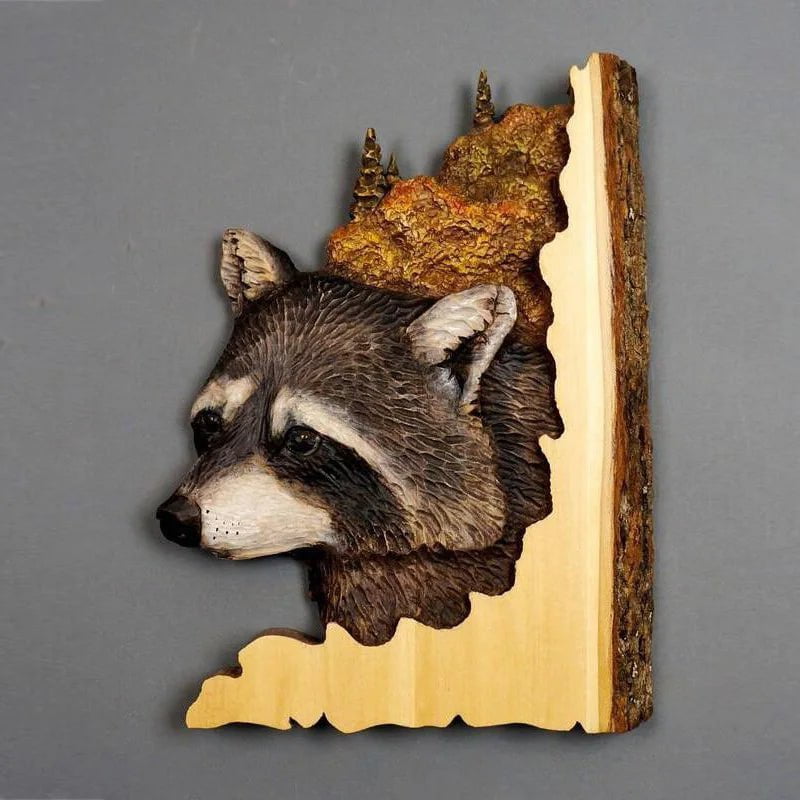 Storazone Animal Carving Handcraft Wall Hanging Sculpture Wood Raccoon Bear Deer Hand Painted Decoration for Home Living Room Dropshipping