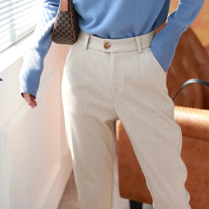 Storazone APRICOT / S Woolen Pants Women's Harem Pencil Pants 2022 Autumn Winter High Waisted Casual Suit Pants Office Lady Women Trousers