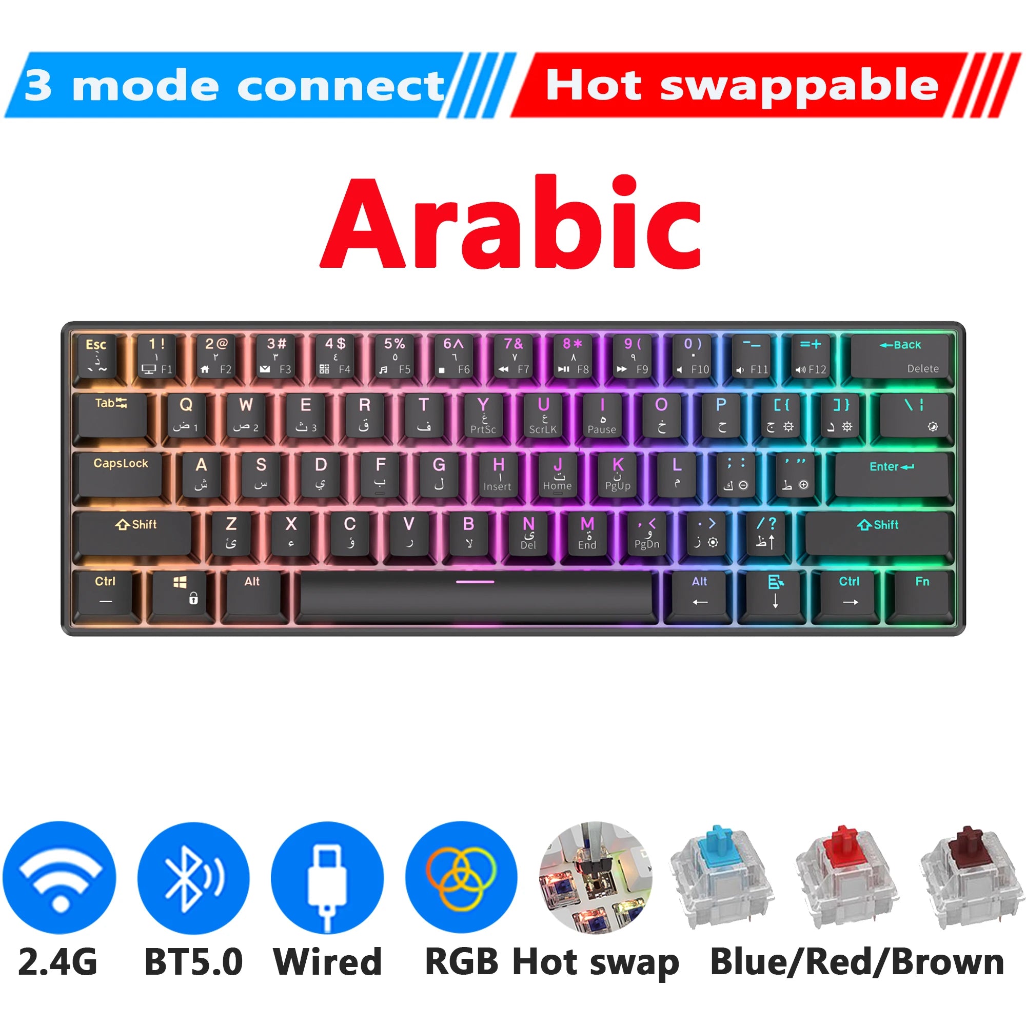 Storazone Arabic Tri-Mode B / Blue Switch / CHINA RK61 Royal Kludge Wireless Mechanical Keyboard Tri-Mode Bluetooth 5.0/2.4G/USB-C RGB Backlit 61 Key Hot-Swappable Gamer Keyboard