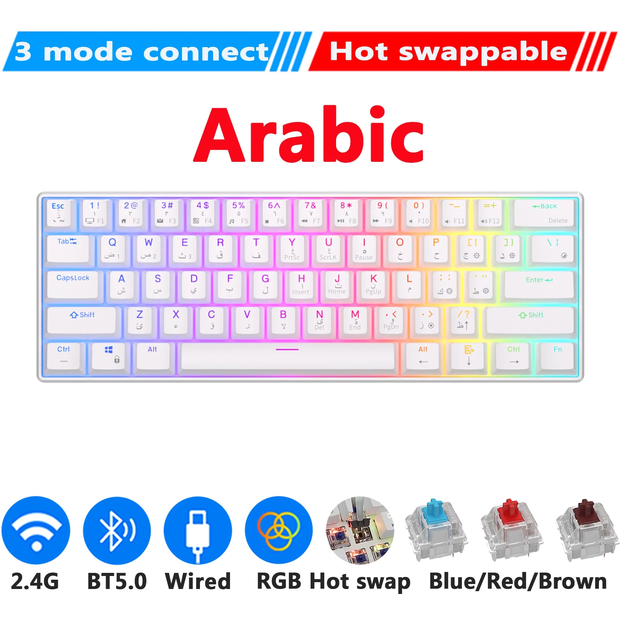 Storazone Arabic Tri-Mode W / Blue Switch / CHINA RK61 Royal Kludge Wireless Mechanical Keyboard Tri-Mode Bluetooth 5.0/2.4G/USB-C RGB Backlit 61 Key Hot-Swappable Gamer Keyboard