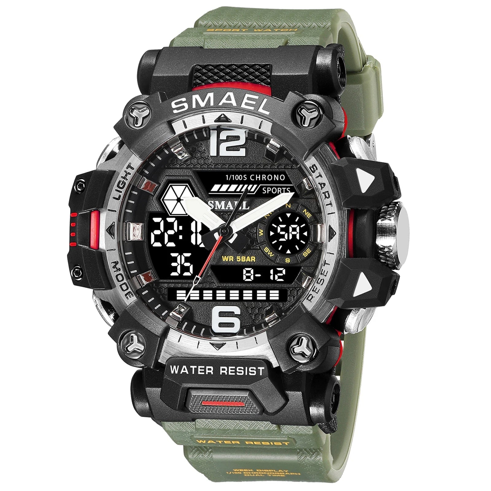 Storazone ArmyGreen SMAEL Dual Display Men Watches Waterproof Sports Watch Military Man Alarm Stopwatch Quartz Wristwatch Male Digital Clock 8072